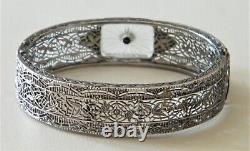 Antique ART DECO CAMPHOR GLASS STERLING SILVER FILIGREE BANGLE BRACELET Marked