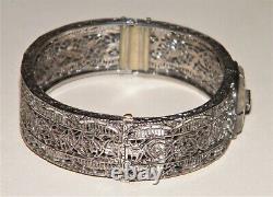 Antique ART DECO CAMPHOR GLASS STERLING SILVER FILIGREE BANGLE BRACELET Marked