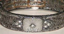 Antique ART DECO CAMPHOR GLASS STERLING SILVER FILIGREE BANGLE BRACELET Marked