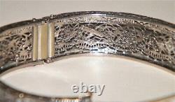 Antique ART DECO CAMPHOR GLASS STERLING SILVER FILIGREE BANGLE BRACELET Marked