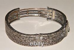 Antique ART DECO CAMPHOR GLASS STERLING SILVER FILIGREE BANGLE BRACELET Marked