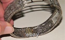 Antique ART DECO CAMPHOR GLASS STERLING SILVER FILIGREE BANGLE BRACELET Marked