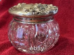 Antique ART NOUVEAU. Flower pattern Sterling Silver top Cut Glass Vanity Jar