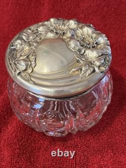 Antique ART NOUVEAU. Flower pattern Sterling Silver top Cut Glass Vanity Jar