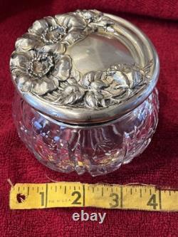 Antique ART NOUVEAU. Flower pattern Sterling Silver top Cut Glass Vanity Jar