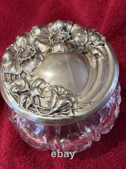 Antique ART NOUVEAU. Flower pattern Sterling Silver top Cut Glass Vanity Jar