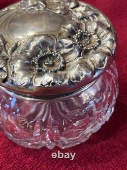 Antique ART NOUVEAU. Flower pattern Sterling Silver top Cut Glass Vanity Jar