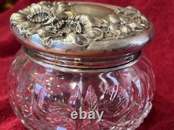 Antique ART NOUVEAU. Flower pattern Sterling Silver top Cut Glass Vanity Jar