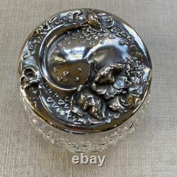 Antique ART NOUVEAU Poppy Floral Sterling Silver Cut Glass Vanity Powder Jar