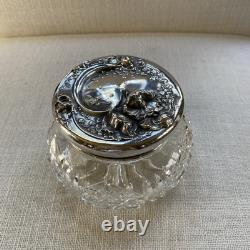Antique ART NOUVEAU Poppy Floral Sterling Silver Cut Glass Vanity Powder Jar