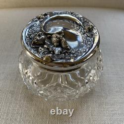 Antique ART NOUVEAU Poppy Floral Sterling Silver Cut Glass Vanity Powder Jar