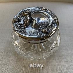 Antique ART NOUVEAU Poppy Floral Sterling Silver Cut Glass Vanity Powder Jar
