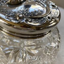 Antique ART NOUVEAU Poppy Floral Sterling Silver Cut Glass Vanity Powder Jar