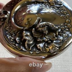 Antique ART NOUVEAU Poppy Floral Sterling Silver Cut Glass Vanity Powder Jar