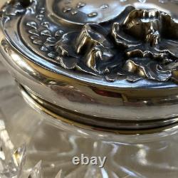 Antique ART NOUVEAU Poppy Floral Sterling Silver Cut Glass Vanity Powder Jar