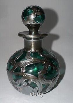 Antique Alvin Emerald Glass And. 999 Silver Sterling Overlay Bottle