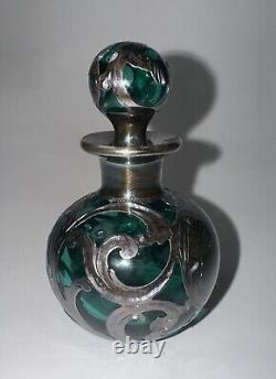 Antique Alvin Emerald Glass And. 999 Silver Sterling Overlay Bottle