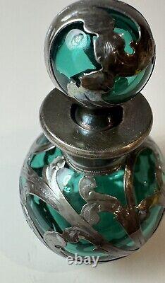 Antique Alvin Emerald Glass And. 999 Silver Sterling Overlay Bottle