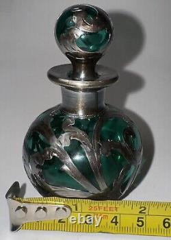 Antique Alvin Emerald Glass And. 999 Silver Sterling Overlay Bottle