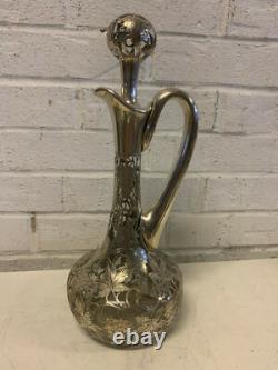 Antique Alvin Sterling Silver 999 Overlay Glass Decanter Pitcher Grape Vine Dec