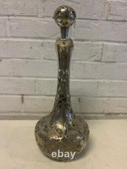 Antique Alvin Sterling Silver 999 Overlay Glass Decanter Pitcher Grape Vine Dec
