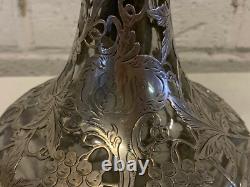 Antique Alvin Sterling Silver 999 Overlay Glass Decanter Pitcher Grape Vine Dec