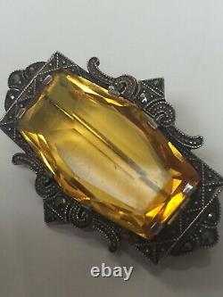 Antique Art Deco 1920s German 935 Sterling Marcasite Pin Brooch with Citrine Glass