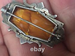 Antique Art Deco 1920s German 935 Sterling Marcasite Pin Brooch with Citrine Glass