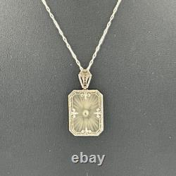 Antique Art Deco 20's Camphor Glass Sterling Silver Filigree Pendant Necklace