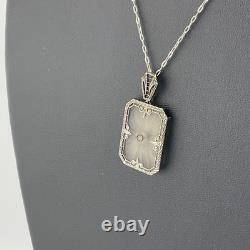 Antique Art Deco 20's Camphor Glass Sterling Silver Filigree Pendant Necklace