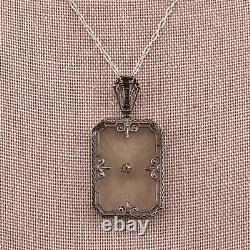 Antique Art Deco 20's Camphor Glass Sterling Silver Filigree Pendant Necklace