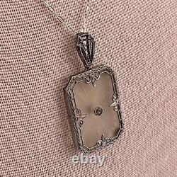 Antique Art Deco 20's Camphor Glass Sterling Silver Filigree Pendant Necklace