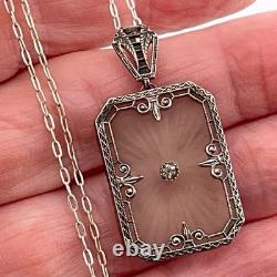 Antique Art Deco 20's Camphor Glass Sterling Silver Filigree Pendant Necklace