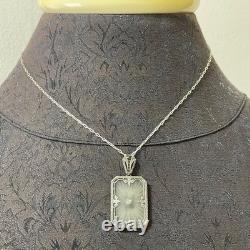 Antique Art Deco 20's Camphor Glass Sterling Silver Filigree Pendant Necklace