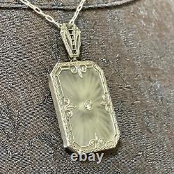 Antique Art Deco 20's Camphor Glass Sterling Silver Filigree Pendant Necklace