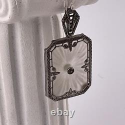 Antique Art Deco 20's Camphor Glass Sterling Silver Filigree Pendant Necklace