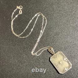 Antique Art Deco 20's Camphor Glass Sterling Silver Filigree Pendant Necklace