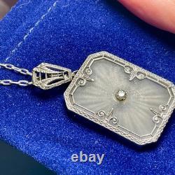 Antique Art Deco 20's Camphor Glass Sterling Silver Filigree Pendant Necklace