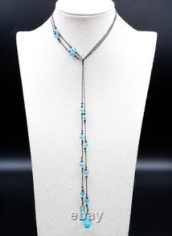 Antique Art Deco Aqua Blue Glass Sterling Silver Lariat Necklace