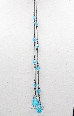 Antique Art Deco Aqua Blue Glass Sterling Silver Lariat Necklace