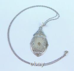 Antique Art Deco Camphor Glass Diamond 24 Sterling Silver Filigree Necklace