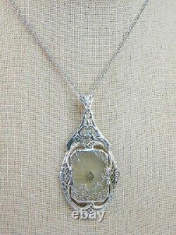 Antique Art Deco Camphor Glass Diamond 24 Sterling Silver Filigree Necklace
