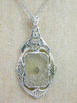 Antique Art Deco Camphor Glass Diamond 24 Sterling Silver Filigree Necklace