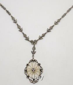 Antique Art Deco Camphor Glass Marcasite Necklace Sterling Silver 16