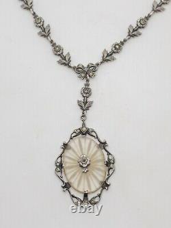 Antique Art Deco Camphor Glass Marcasite Necklace Sterling Silver 16