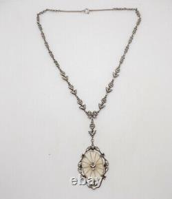 Antique Art Deco Camphor Glass Marcasite Necklace Sterling Silver 16