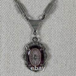 Antique Art Deco Camphor Glass Pendant Necklace Sterling Silver Purple Pink 17
