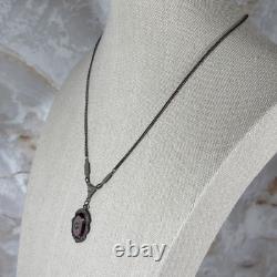 Antique Art Deco Camphor Glass Pendant Necklace Sterling Silver Purple Pink 17