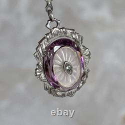 Antique Art Deco Camphor Glass Pendant Necklace Sterling Silver Purple Pink 17