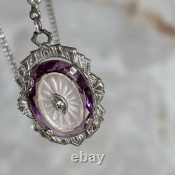 Antique Art Deco Camphor Glass Pendant Necklace Sterling Silver Purple Pink 17